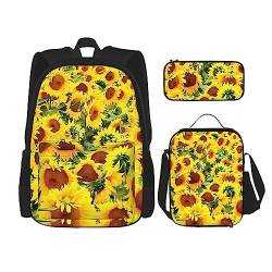 Schöner Sonnenblume Rucksack 3-teilig Schulranzen mit Brotdose und Federmäppchen Set > Geeignet für Jungen und Mädchen, Schwarz , Einheitsgröße, Kinderrucksack von BHCASE