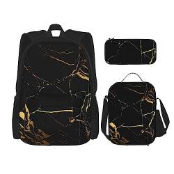 Schwarz und Gold Hintergrund Rucksack 3-teilige Schultasche mit Lunchbox und Federmäppchen Set > Geeignet für Jungen und Mädchen, Schwarz , Einheitsgröße, Kinderrucksack von BHCASE