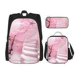 Tasche Rucksack Crossbody Lunch Bag Pen Bag Set - Robust, Langlebig und Modisch Leicht Design Kirschblüte Weiß Treppe Druck von BHCASE