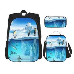 Taschen-Rucksack, Crossbody-Lunch-Tasche, Stifttaschen-Set – robust, langlebig, modisch, leicht und geräumig, Pinguine auf dem Eisberg-Muster von BHCASE