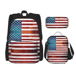 Taschen-Rucksack, Crossbody-Lunch-Tasche, Stifttaschen-Set – robust, langlebig, modisch, leicht und geräumig, Vintage-Druck mit amerikanischer USA-Flagge, Schwarz , Einheitsgröße von BHCASE