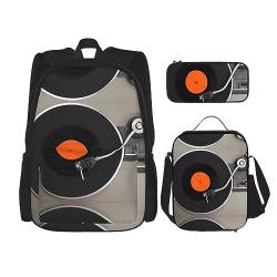 Taschen-Rucksack, Crossbody-Lunch-Tasche, Stifttaschen-Set – robust, langlebig, modisch, leicht und geräumig, Vintage-Vinyl-Schallplattenbild, Schwarz , Einheitsgröße von BHCASE