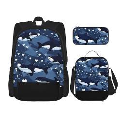 Taschen-Rucksack, Crossbody-Lunch-Tasche, Stifttaschen-Set – robust, langlebig, modisch, leicht und geräumig, blaues Killerwal-Bild, Schwarz , Einheitsgröße von BHCASE
