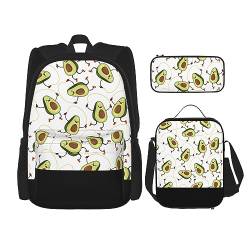 Taschen-Rucksack, Crossbody-Lunch-Tasche, Stifttaschen-Set – robust, langlebig, modisch, leicht und geräumig, lustiges Cartoon-Avocado-Muster, Schwarz , Einheitsgröße von BHCASE