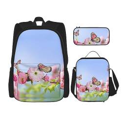 Taschen-Rucksack, Crossbody-Lunch-Tasche, Stifttaschen-Set – robust, langlebig, modisch, leicht und geräumig, rosa Blumen und Schmetterlinge, Schwarz , Einheitsgröße von BHCASE