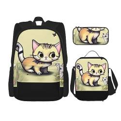 Taschen-Rucksack, Crossbody-Lunch-Tasche, Stifttaschen-Set – robust, langlebig, modisch, leicht und geräumiges Katzen- und Schmetterlingsmuster, Schwarz , Einheitsgröße von BHCASE