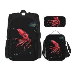 Taschen-Rucksack, Crossbody-Lunch-Tasche, Stifttaschen-Set – robust, langlebig, modisch und leicht, Erdbeer-Tintenfisch-Bild von BHCASE