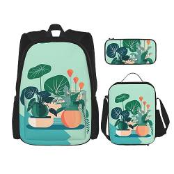 Taschen-Rucksack, Crossbody-Lunch-Tasche, Stifttaschen-Set – robust, langlebig und modisch, leichtes Design, für den Innenbereich, Cartoon-Design, grüne Pflanzen von BHCASE