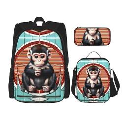 Taschen-Rucksack, Umhängetasche, Lunch-Tasche, Stifttaschen-Set – robust, langlebig, modisch und leicht, Motiv: The Silent Monkey Prints, Schwarz , Einheitsgröße von BHCASE