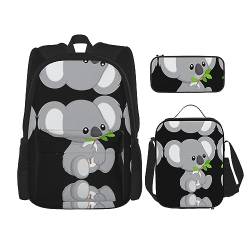 Taschen-Rucksack, Umhängetasche, Lunch-Tasche, Stifttaschen-Set – robust, langlebig und modisch, leicht, Design mit grünem Blatt-Koala-Bild, Schwarz , Einheitsgröße von BHCASE