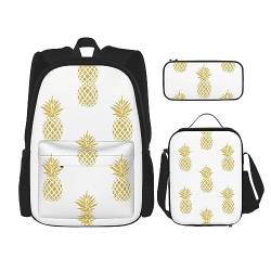 Taschen-Rucksack, Umhängetasche, Lunch-Tasche, Stifttaschen-Set – robust, langlebig und modisch, leichtes Design, goldener Ananas-Hintergrund von BHCASE