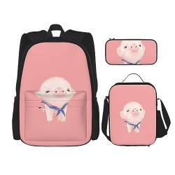 Taschen-Rucksack, Umhängetasche, Lunch-Tasche, Stifttaschen-Set – robust, langlebig und modisch, leichtes Design, niedliches rosa Schweinemuster, Schwarz , Einheitsgröße von BHCASE