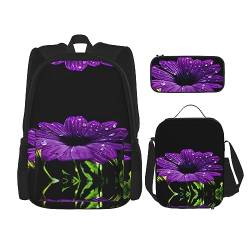 Taschen-Rucksack, Umhängetasche, Lunch-Tasche, Stifttaschen-Set – robust, langlebig und modisch, leichtes Design, violette Gänseblümchen-Drucke, Schwarz , Einheitsgröße von BHCASE