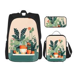 Taschen-Rucksack, Umhängetasche, Stifttasche, Set – robust, langlebig, modisch und leicht, Cartoon-Motiv, kleine grüne Pflanze, Schwarz , Einheitsgröße von BHCASE