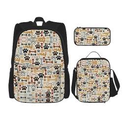 Taschen-Rucksack, Umhängetasche, Stifttasche, Set – robust, langlebig, modisch und leicht, Hundeknochen mit Pfotenabdrücken von BHCASE
