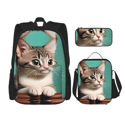 Taschen-Rucksack, Umhängetasche, Stifttasche, Set – robust, langlebig, modisch und leicht, mit neugierigem Katzen-Aufdruck von BHCASE