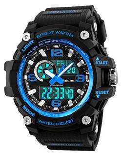 Herren Digital Quarz Uhr mit Silikon Armband LED 5 ATM wasserdicht Armbanduhr Sportuhren mit Countdown/Wecker/Stoppuhr Digitaluhr für Männer Blau von BHGWR