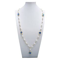 BIANMTSW Ketten für Damen Natürliche weiße Keshi-Perlen-Pave-Kette facettierte runde blaue Katzenaugen-lange Pullover-Anhänger-Halskette, die for Frauen handgefertigt ist Mode-Accessoires von BIANMTSW