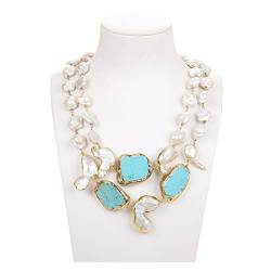 BIANMTSW Ketten für Damen Schmuck 18 Zoll 2 Reihen natürliche kultivierte weiße Keshi-Blumen-Perlen-blaue Türkis-Halskette erfüllen Mode-Accessoires von BIANMTSW