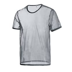 Mens See Through Funny T-Shirt Clubwear Shorts Sleeve Mesh Muscle Pullover Tops Undershirts Grey 2XL von BIATWOWR