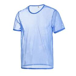 Mens See Through Sheer Summer Shirts Clubwear Shorts Sleeve Mesh Muscle Pullover Tops Undershirts Blue 3XL von BIATWOWR