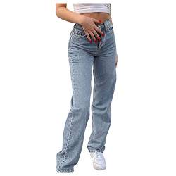 BIBOKAOKE Baggy Jeans Damen High Waist Straight Jeans Farbverlauf Freizeit Loose Gerade Hosen Bootcut Jeans Jeanshosen Glatte Jeans Vintage-Hose mit Weitem Bein (Blau-4, M) von BIBOKAOKE