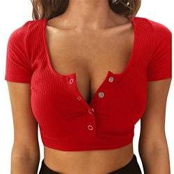 BIBOKAOKE Crop Tops Damen Bauchfrei Crop T-Shirt Rundhals Knopfleiste Oberteile Crop Top Kurzarmshirts Sommershirts Kurzarm Tops Shirts Pullover Casual Tops Oberteil Lässig T-Shirts（Rot,L von BIBOKAOKE