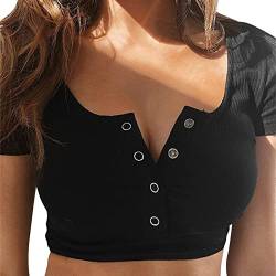 BIBOKAOKE Crop Tops Damen Bauchfrei Crop T-Shirt Rundhals Knopfleiste Oberteile Crop Top Kurzarmshirts Sommershirts Kurzarm Tops Shirts Pullover Casual Tops Oberteil Lässig T-Shirts（Schwarz,M von BIBOKAOKE