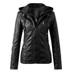 BIBOKAOKE Damen Kunstleder Jacke Langarm Zip Lederoptik Bikerjacke Stehkragen Slim Fit Lederjacke Damen Kunstleder Lederjacke Motorrad Jacke mit Abnehmbarer Kapuze Übergangsjacke von BIBOKAOKE