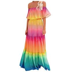 BIBOKAOKE Damen Off Shoulder Bohokleid Regenbogen Farbverlauf Sexy Maxikleider Elegant Charmant Urlaub Freizeitkleid Mode Lang Cupcake-Kleid Festkleider Strandkleid Sommerkleider von BIBOKAOKE