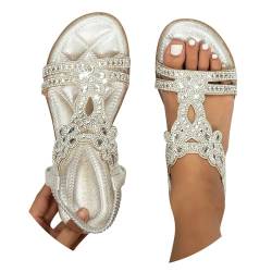 BIBOKAOKE Flache Sandalen Damen Größen Strass Bohemia T-Riemen Frauen Weichen Sohlen Sommerschuhe Gummiband Slingback Elegante schöne Mädchen Strandschuhe von BIBOKAOKE