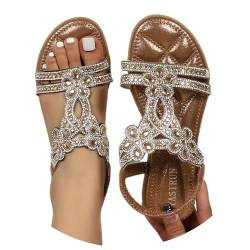 BIBOKAOKE Flache Sandalen Damen Große Größen Strass Bohemia T-Riemen Frauen Sandalen Weichen Sohlen Sommerschuhe Gummiband Slingback Sandalen Elegante schöne Sandalen Mädchen Strandschuhe von BIBOKAOKE