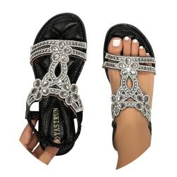 BIBOKAOKE Flache Sandalen Damen Große Größen Strass Bohemia T-Riemen Frauen Sandalen Weichen Sohlen Sommerschuhe Gummiband Slingback Sandalen Elegante schöne Sandalen Mädchen Strandschuhe von BIBOKAOKE