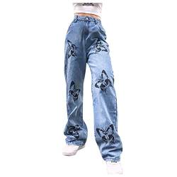 BIBOKAOKE Jeans High Waist Damen Casual Baggy Jeanshose Mode Schmetterlingsdruck Gerade Jeanshose Bootcut Jeans Vintage-Hose Lose Lässig Denim Pants Breites Bein Jeanshosen von BIBOKAOKE