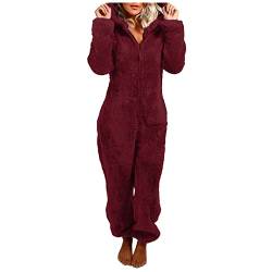 BIBOKAOKE Jumpsuit Damen Kuschelig Teddy Fleece Schlafanzug Einteiler Winter Warm Onesie Lang Schlafoverall Pyjama Bequem und Weich Ganzkörperanzug Flauschig Hausanzug mit Kapuze Homewear von BIBOKAOKE