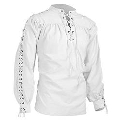 BIBOKAOKE Mittelalter Hemd Herren Gothic Steampunk Hemden mit Schnürung Freizeitshirt Cosplay Rüschenhemd Elegant Victorian Samurai Langarmshirt Schnürhemd Punk Kleidung Cross Bandage (08116-White, S) von BIBOKAOKE