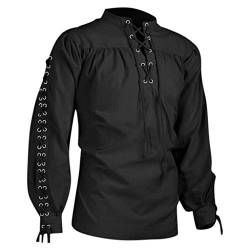 BIBOKAOKE Mittelalter Hemd Herren Gothic Steampunk Hemden mit Schnürung Freizeitshirt Cosplay Rüschenhemd Victorian Samurai Langarmshirt Schnürhemd Punk Kleidung Cross Bandage Langarm, Schwarz2, L von BIBOKAOKE