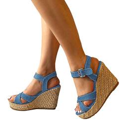 BIBOKAOKE Plateau Sandalen Damen Espadrilles mit Keilabsatz Keilsandalen Absatz Espadrille Sommer Frauen Schuhe Schnalle offene Zehen Atmungsaktive Sandalen Riemchensandalen von BIBOKAOKE