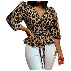 BIBOKAOKE Tshirt Damen Leopardenmuster Oversized Top Langarm Casual Shirts Blusen Sexy V Ausschnitt Freizeithemd Langarmshirt Tunika Lässiges T-Shirt mit Gürtel von BIBOKAOKE