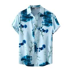 BIBOKAOKE Tshirt Herren Hemden Kurzarm Hawaii Blumenhemd Funky Mehrfarbig Bedrucktes Hemd Urlaub Strandhemd Dünne Casual Sommerhemd Revers Henley Shirt Basic Slim Fit Freizeithemden, 1b-himmelblau16 von BIBOKAOKE