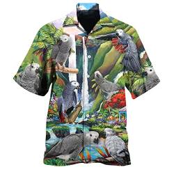 Herren Frühjahr/Sommer Mode Lässig Parrot Print Party Strand Loose Print Kurzarmhemd Hemd Herren Dunkelgrau von BIBOKAOKE