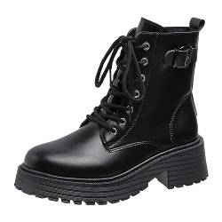 Stiefeletten Damen Schwarz Schnürboots Damen High Heels Stiefeletten Blockabsatz Ankle Boots mit Plateau mit Spitze von BIBOKAOKE