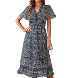 BIEDONGDA Blumendruck Strandkleid Damen Boho Sommerkleider Knielang Chiffonkleid V Ausschnitt Kurzarm Blumenkleid Sommerkleid Floral Strandkleider Sommer Kleid Frauenkleid von BIEDONGDA