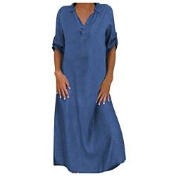 BIEDONGDA Damen Jeanskleid Sommer Langes Kleid Casual V-Ausschnitt Sommerkleid Langarm Großer Größe Maxikleid Shirtkleid Elegant Vintage Frauenkleid Strandkleid, 4XL von BIEDONGDA