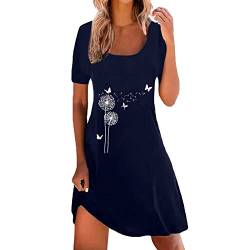 Damen Sommer Tunika Kleid Freizeit Rundhals Blusekleid Kurzarm Sommerkleid Löwenzahndruck Freizeitkleid Elegant Minikleid Rundhals A-Linie Sommerkleider für Mädchen,Frauen von BIEDONGDA