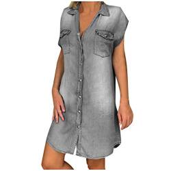 Damen Sommerkleid Kurzarm Hemdkleid Jeanskleid Sexy V-Ausschnitt Kurz Kleid mit Knopfleiste, Sommer Loose Shirtkleid Knielang Sommerkleider Freizeitkleid Frauenkleid von BIEDONGDA