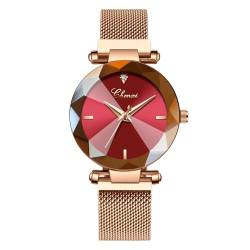 BIEWO Armbanduhr für Damen, modischer Stil, Diamant-Uhren, Quarz, analog, Damenuhr mit Edelstahlarmband, lässige Damenuhr, weibliche Armbanduhr, Geschenk, rot, Armband von BIEWO