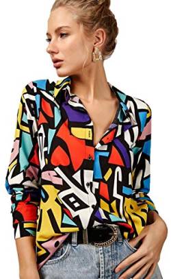 BIG DART Blouses for Women Fashion, Casual Long Sleeve Button Down Shirts Tops, XS-3XL (red Yellow Mix Colors, Medium) von BIG DART
