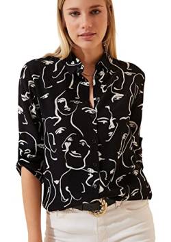 BIG DART Blusen für Damenmode, lässige Langarm-Knopf-Unten-Hemden, Oberteile, XS-3XL (Gesicht Schwarz, 3XL) von BIG DART