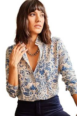 Blusen für Damen, modisch, lässig, langärmelig, Button-Down-Shirts, Tops, XS-3XL, Blau/Weiß, X-Groß von BIG DART